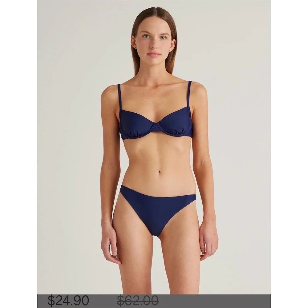 Quince‎ Bikini Top Womens Size L Navy Blue Underwire Balconette Tie Back bikini